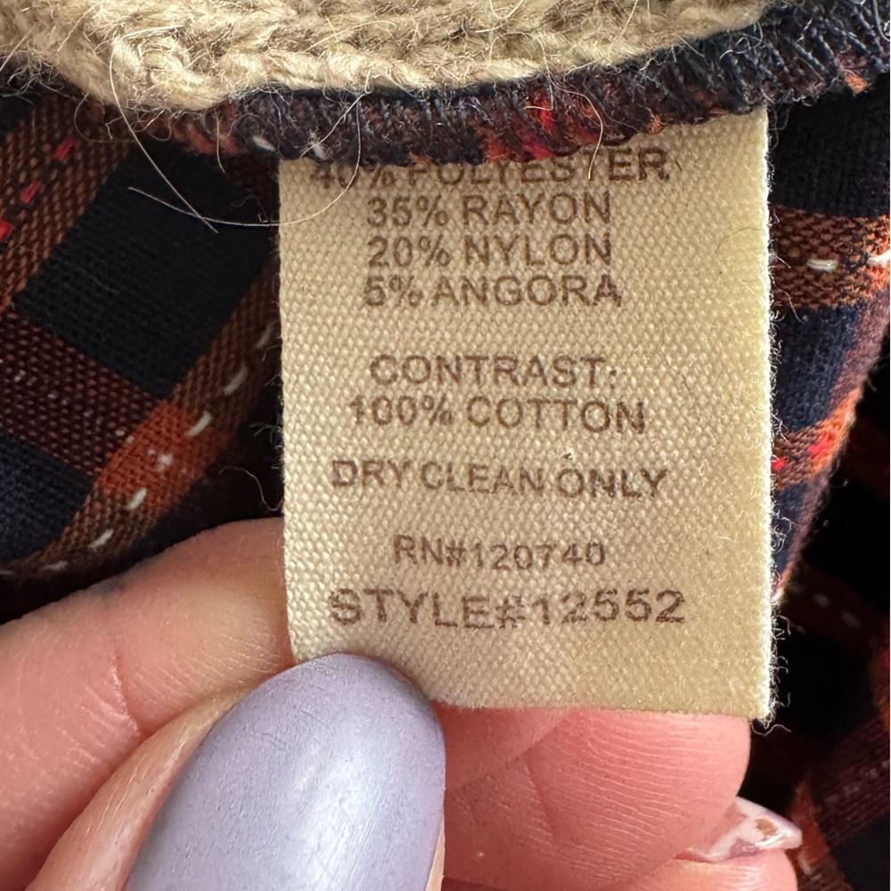 Mystree Cable Knit Sweater Flannel Plaid Back Beige Rust Large - Picture 8 of 10